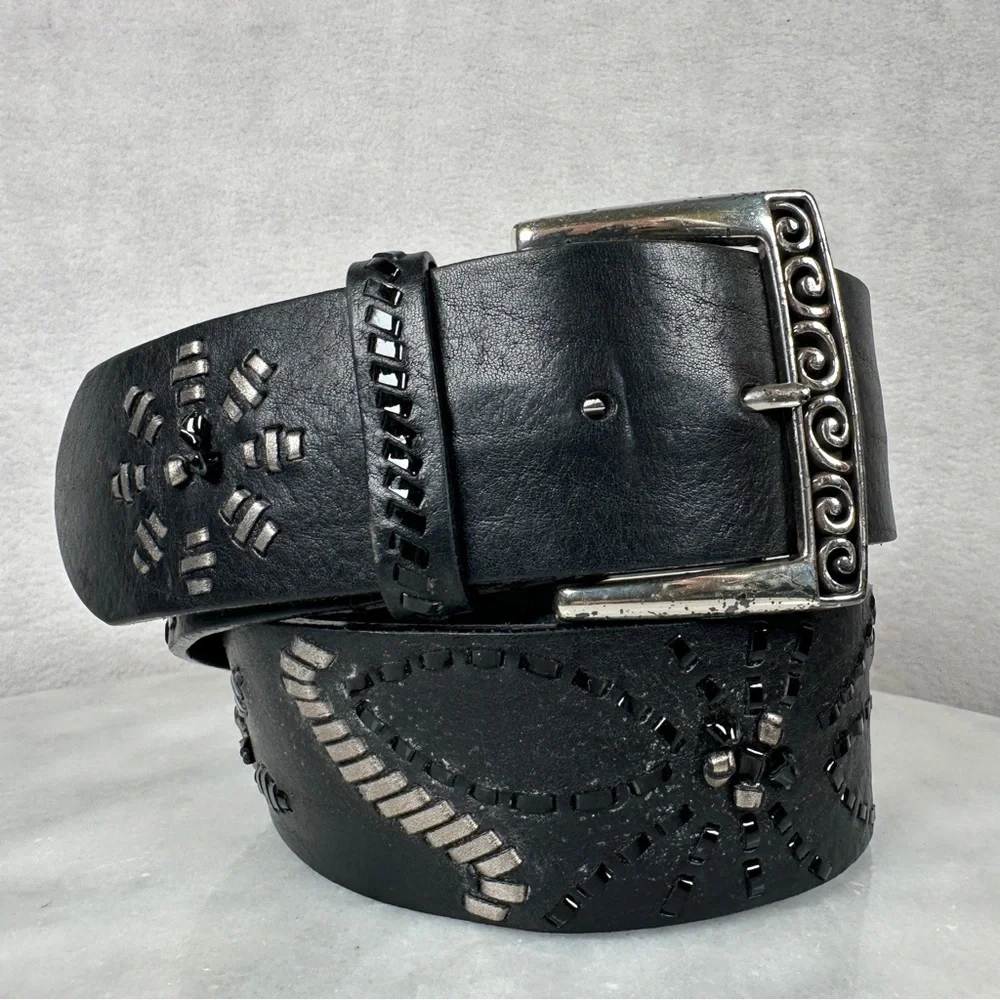 Brighton Black Leather‎ Belt Silver wide floral opera whipstitch bohemian biker